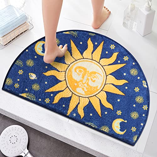 Creative semi-Circular Area Carpet Anti-Slip Super Absorbent Carpet,Sun and Moon mat,Shaggy Throw Rug for Living Room Bedroom Bathroom Home Decor (Yellow and Blue)