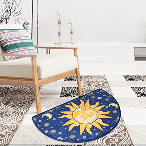 Creative semi-Circular Area Carpet Anti-Slip Super Absorbent Carpet,Sun and Moon mat,Shaggy Throw Rug for Living Room Bedroom Bathroom Home Decor (Yellow and Blue)