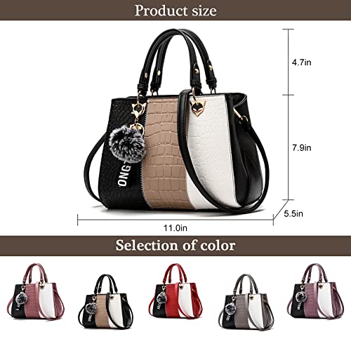 Satchel Purses and Handbags for Women Fashion Ladies Purses PU Leather Bag Top Handle Shoulder Tote Crossbody Bags (Black-Pink-White)