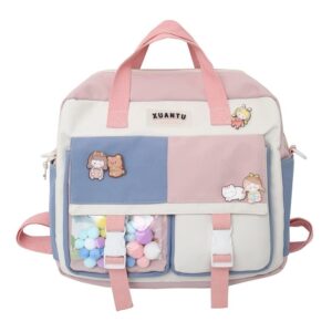 kawaii backpack with pom pom, japanese cute tote bag aesthetic crossbody shoulder bag messenger bag school handbag (pink)