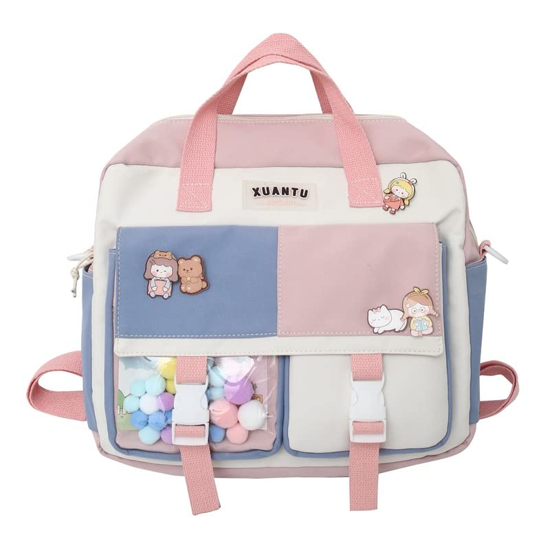 Kawaii Backpack with Pom Pom, Japanese Cute Tote Bag Aesthetic Crossbody Shoulder Bag Messenger Bag School Handbag (Pink)