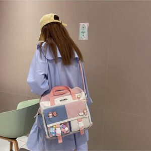 Kawaii Backpack with Pom Pom, Japanese Cute Tote Bag Aesthetic Crossbody Shoulder Bag Messenger Bag School Handbag (Pink)