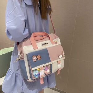 Kawaii Backpack with Pom Pom, Japanese Cute Tote Bag Aesthetic Crossbody Shoulder Bag Messenger Bag School Handbag (Pink)