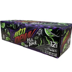 Mountain Dew Pitch Black Soda - Munchie Box Stash (Regular, Pack of ( 12 ) 12 Oz Cans)