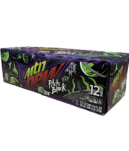 Mountain Dew Pitch Black Soda - Munchie Box Stash (Regular, Pack of ( 12 ) 12 Oz Cans)