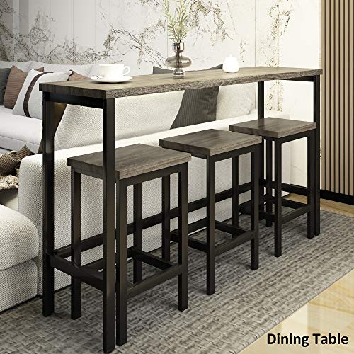 Merax 4-Piece Counter Height Extra Long Dining Table Set with 3 Stools and Side Table with Footrest Pub Kitchen Set,Grey