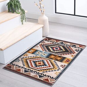 fashriend rita machine washable door mat small rug 2’×3′ non-slip foldable for entrance bedroom kitchen moroccan tribal vintage brown family & pet friendly accent rug
