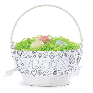 floral and heart theme diy personalized easter egg basket with handle and custom name | color it yourself easter basket liners | white basket | woven easter baskets for kids | customized easter basket