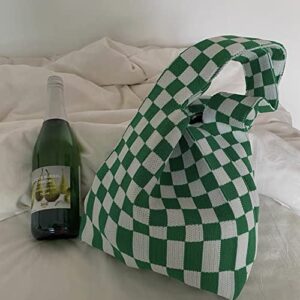 Checker Black & White Checkered Checkboard Knit Tote Bag (Green White), Women Ribbed Market Bag, Fun Style Knitted Tote