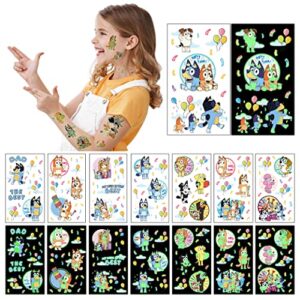 blue dog tattoo stickers 8 sheets, birthday party supplies, glow in the dark/luminous temporary tattoos sticker & decoration for kids girls boys, themed parties favors gift & decorations