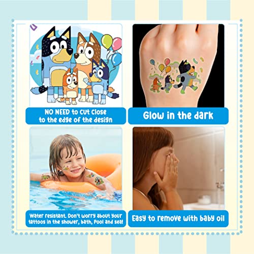 Blue Dog Tattoo Stickers 8 Sheets, Birthday Party Supplies, Glow in The Dark/Luminous Temporary Tattoos Sticker & Decoration for Kids Girls Boys, Themed Parties Favors Gift & Decorations