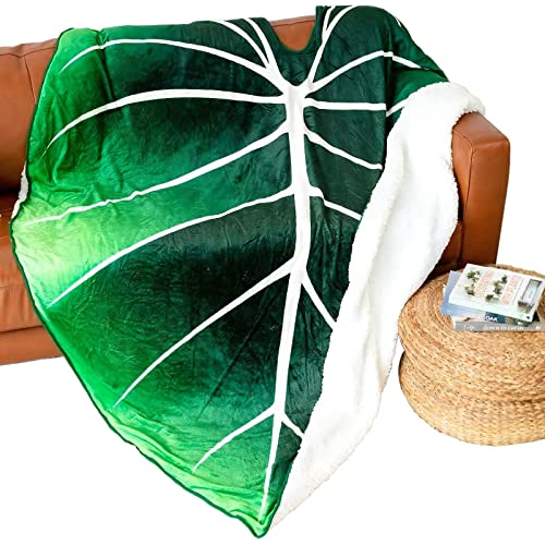 UJIKHV Large Leaf Blanket, Plush Plant Blankets, Throw Blanket for Bed, Large Lush Green Leaf Design Accent for Plant Lovers, Great Gifts for Green Thumbs, Green Blanket, (65 X 85)