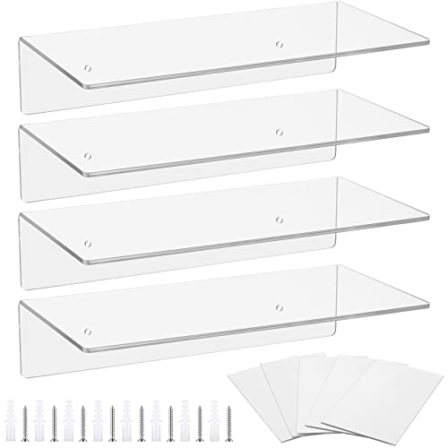 Vinsot 4 Pieces Acrylic Floating Shelves 12 Inch Clear Acrylic Shelf Acrylic Wall Display Shelf 4 mm Thick Invisible Book Shelves for Home Bathroom Office, Transparent, one size