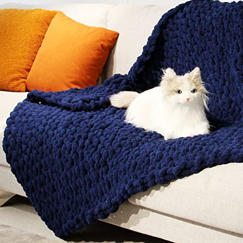 Casaphoria Luxury Chunky Knit Throw Blanket-Large Cable Knitted Soft Cozy Polyester Chenille Bulky Blankets for Cuddling up in Bed, on The Couch or Sofa,Home Decor, Gift, 50"x60",Pack of 1,Navy Blue