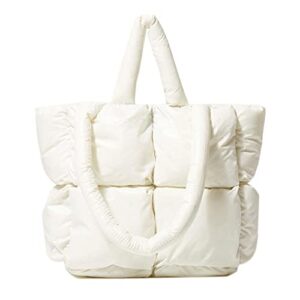 lightweight puffer tote purse quilted women luxury handbag soft shoulder bag (white)