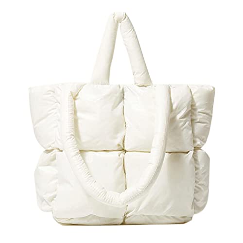 Lightweight Puffer Tote Purse Quilted Women Luxury Handbag Soft Shoulder Bag (White)