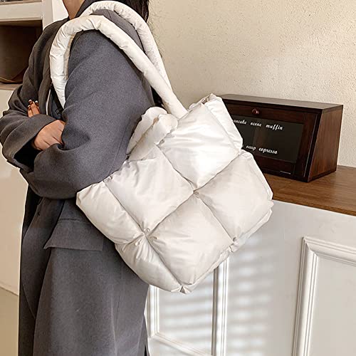 Lightweight Puffer Tote Purse Quilted Women Luxury Handbag Soft Shoulder Bag (White)