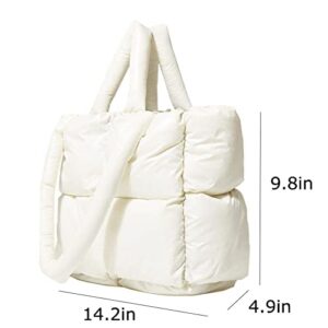 Lightweight Puffer Tote Purse Quilted Women Luxury Handbag Soft Shoulder Bag (White)