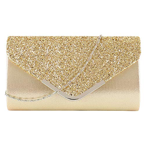 DIGOGO Sequins Flap Evening Purse Envelope Shaped Clutch Purse Chain Crossbody Shoulder Bag for Wedding Party Prom Ball Gold