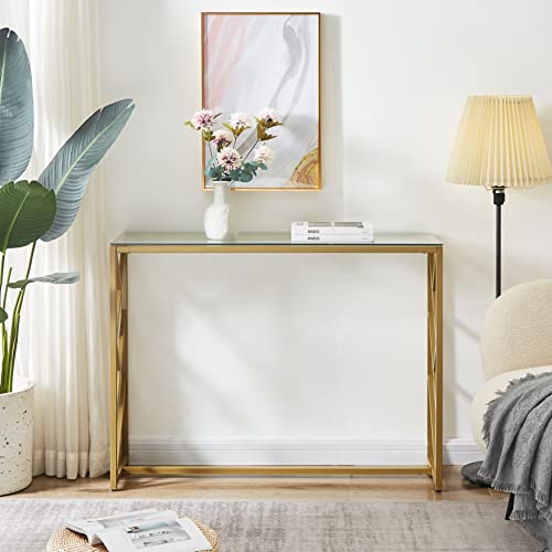 Console Table,Narrow Sofa Table,Glass Console Table Mirrored Console Table Entryway Hallway Table with Golden Metal Frame and Adjustable Feet,Entrance Table for Living Room,Foyer 41.7x11.8x30.7 inch