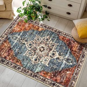 colorpapa area rug 2×3 machine washable small rug vintage boho rugs non-slip for entryway hallway bedroom kitchen bathroom runner rug blue taupe carpet