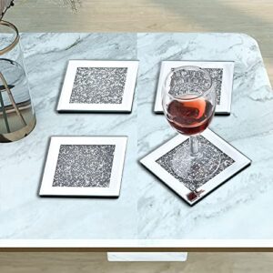 glass mirrored coaster 4 pack 4×4 inch, crushed diamond cup mat decor on tabletop for restaurant kitchen bar dining table