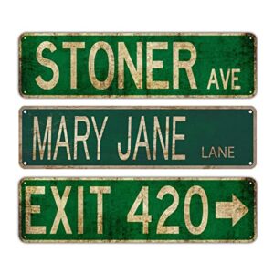 forno 3 pcs stoner avenue mary jane lane exit 420 street sign weed stoner accessories gifts stuff – vintage rustic stoner grunge room decor – 4 x 16 inch retro metal tin sign wall decor