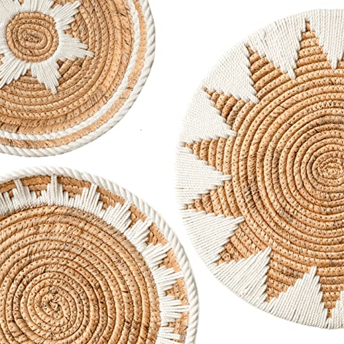 Kiwi Homie Set of 3 Round Woven Water Hyacinth Wall Decor Basket Trays, Round Wicker Baskets Handmade Set of 3 For Living Room, Unique Hanging Wall Art (Set 3 items 2 (Sunflower))