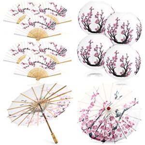tallew 12 pcs cherry blossom decor set, including 2 chinese japanese oiled paper umbrella, 4 pink lanterns and 6 handheld silk decorative folding fans for wedding party favor
