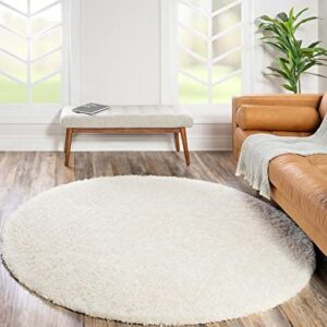 Rugs.com - Über Cozy Solid Shag Collection Rug – 4 Ft Round Snow White Shag Rug Perfect for Kitchens, Dining Rooms