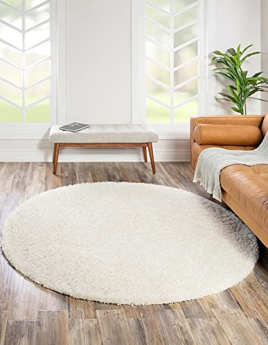 Rugs.com - Über Cozy Solid Shag Collection Rug – 4 Ft Round Snow White Shag Rug Perfect for Kitchens, Dining Rooms