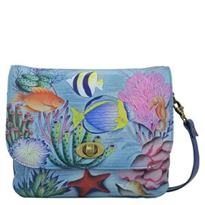 Anna by Anuschka Women's Leather Triple Compartment Flap Crossbody Bag, Treasures of The Reef