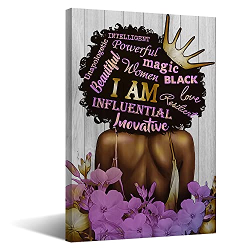 Black Queen Wall Art African American Canvas Wall Art Black Women Purple Flowers Inspiritional Quotes Poster Abstract Contemporary Canvas Prints Painting for Living Room Bathroom Bedroom Decor Home Decorations, 16x24 inches, No Frame