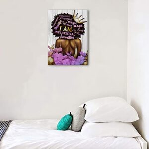 Black Queen Wall Art African American Canvas Wall Art Black Women Purple Flowers Inspiritional Quotes Poster Abstract Contemporary Canvas Prints Painting for Living Room Bathroom Bedroom Decor Home Decorations, 16x24 inches, No Frame