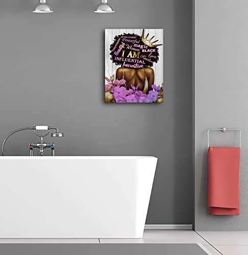 Black Queen Wall Art African American Canvas Wall Art Black Women Purple Flowers Inspiritional Quotes Poster Abstract Contemporary Canvas Prints Painting for Living Room Bathroom Bedroom Decor Home Decorations, 16x24 inches, No Frame