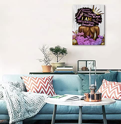 Black Queen Wall Art African American Canvas Wall Art Black Women Purple Flowers Inspiritional Quotes Poster Abstract Contemporary Canvas Prints Painting for Living Room Bathroom Bedroom Decor Home Decorations, 16x24 inches, No Frame