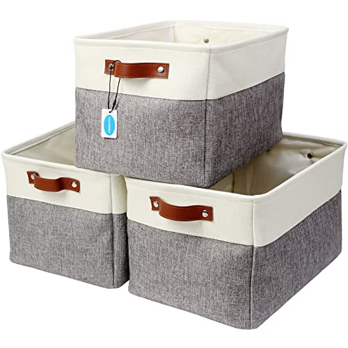 Casaphoria 3Pcs Collapsible Cube Fabric Storage Baskets with Handles,Foldable Canvas Storage Baskets for Shelves Organizing,Rectangular Closet Storage Bins for Home Office Closet Utility Room