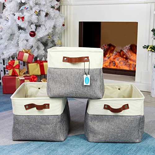 Casaphoria 3Pcs Collapsible Cube Fabric Storage Baskets with Handles,Foldable Canvas Storage Baskets for Shelves Organizing,Rectangular Closet Storage Bins for Home Office Closet Utility Room