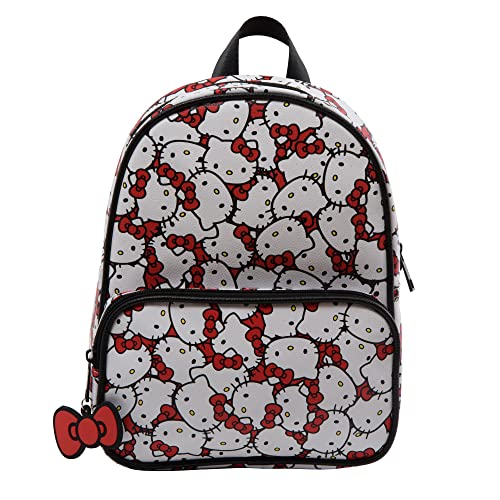 AI ACCESSORY INNOVATIONS Sanrio’s Hello Kitty Allover Print Double Strap Shoulder Bag, Mini Backpack Purse with Molded Bow Dangle, 10.5 Inches, Adjustable Straps, Faux Leather