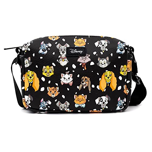 Disney Bag, Cross Body, Rectangle, Disney Cats and Dog Faces Collage Black White, Vegan Leather