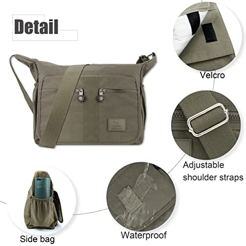 Whale Power Nylon Crossbody Bags for Women Medium Size Anti Theft Waterproof Messenger Travel Tote bag with Many Pocket khaki