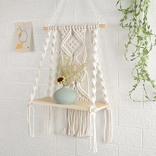 Hiuxume Macrame Wall Hanging Shelf - Bohemian Wall Decor for Bedroom - Woven Rope Macrame Wall Art as Boho Bathroom Shelf Decor - Macrame Shelf Wall Hanging Plant Hanger with Crochet Wall Hangings