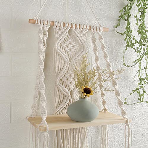 Hiuxume Macrame Wall Hanging Shelf - Bohemian Wall Decor for Bedroom - Woven Rope Macrame Wall Art as Boho Bathroom Shelf Decor - Macrame Shelf Wall Hanging Plant Hanger with Crochet Wall Hangings