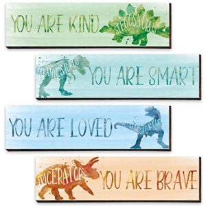 4 pieces dinosaur wall art favors motivational quote room decor watercolor posters educational wall prints plaques for boys kids bedroom playroom dinosaur room decorations()