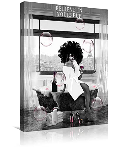 African American Wall Art Bathroom Decor Black Girl In Bathtub Canvas Wall Art Poster Prints Modern Pink Wall Decor Fashion Black Women Pictures Framed Artwork For Bathroom Ready To Hang 8"X10"
