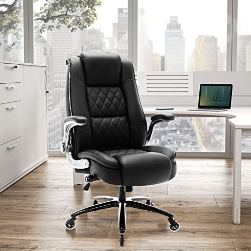 High Back Office Chair- Flip Arms Adjustable Built-in Lumbar Support, Executive Computer Desk Chair Work Chairs, Thick Padded Strong Metal Base Quiet Wheels, Ergonomic Design for Back Pain