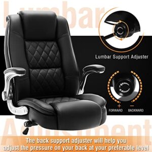 High Back Office Chair- Flip Arms Adjustable Built-in Lumbar Support, Executive Computer Desk Chair Work Chairs, Thick Padded Strong Metal Base Quiet Wheels, Ergonomic Design for Back Pain