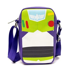 disney bag, cross body, toy story buzz lightyear character close up purple, vegan leather