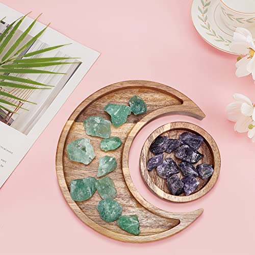 INFUNLY Crystal Holder Moon Tray Wooden Crystal Holder Round Crystal Organizer Tray Acacia Wood Trinket Dish for Rocks Jewelry Healing Crystals Storage