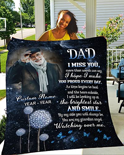 Dad Memorial Blanket| Personalized Photo&Name| Dad I Miss You| Dad Remembrance, in Heaven Father Memorial| Sympathy Gift for Loss of Father, in Memory| N2388 (50x60 inch)